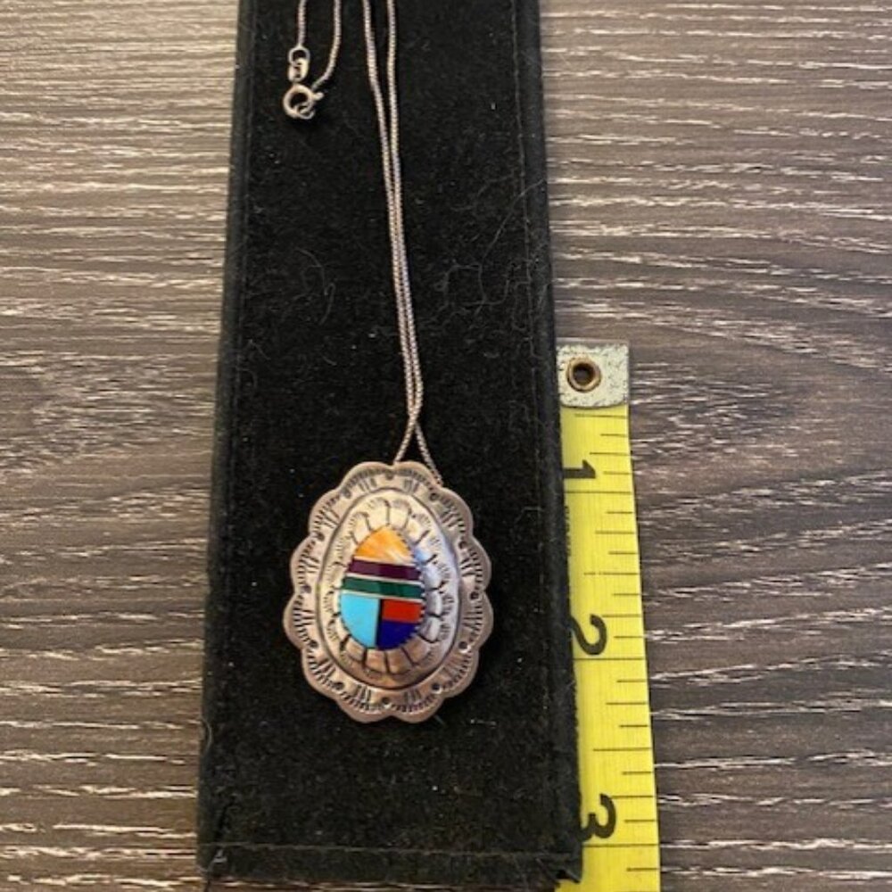 Navajo Zuni 925 silver mosaic concho pendant with 18: chain